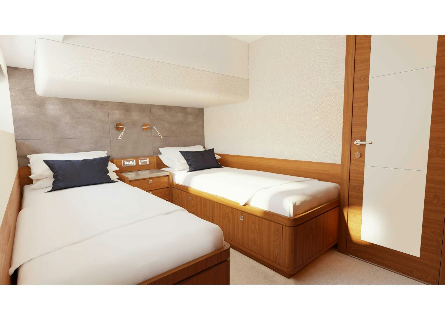 a room with two beds aboard JOHNSON 70' FLYBRIDGE M/Y Yacht for Sale