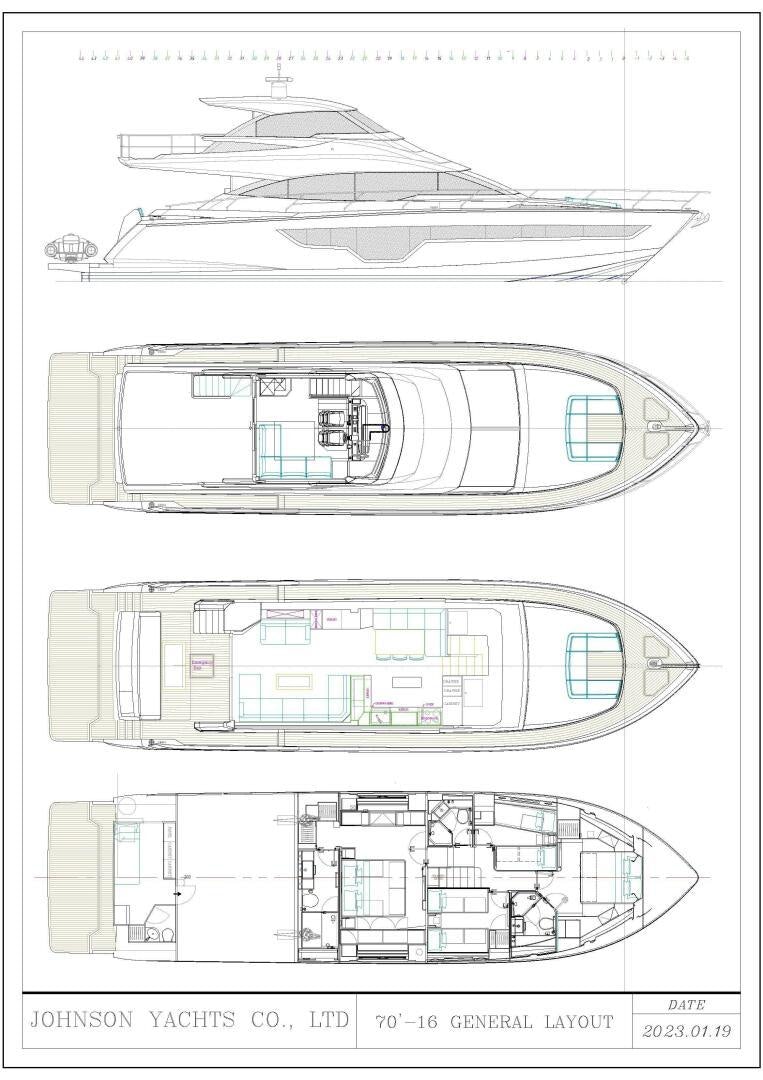 diagram, engineering drawing aboard JOHNSON 70' FLYBRIDGE M/Y Yacht for Sale