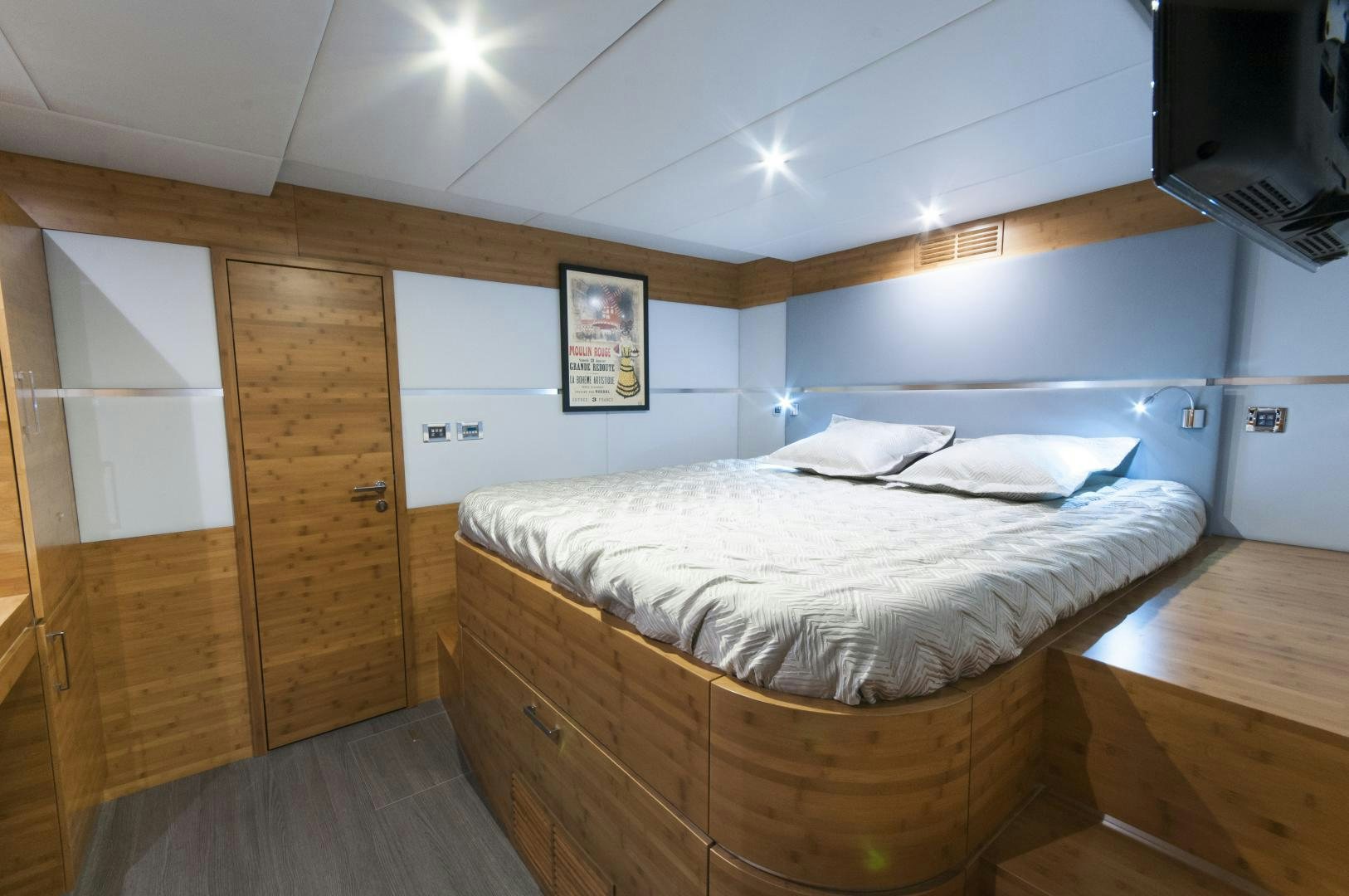 a bed in a room aboard SKYLARK Yacht for Sale