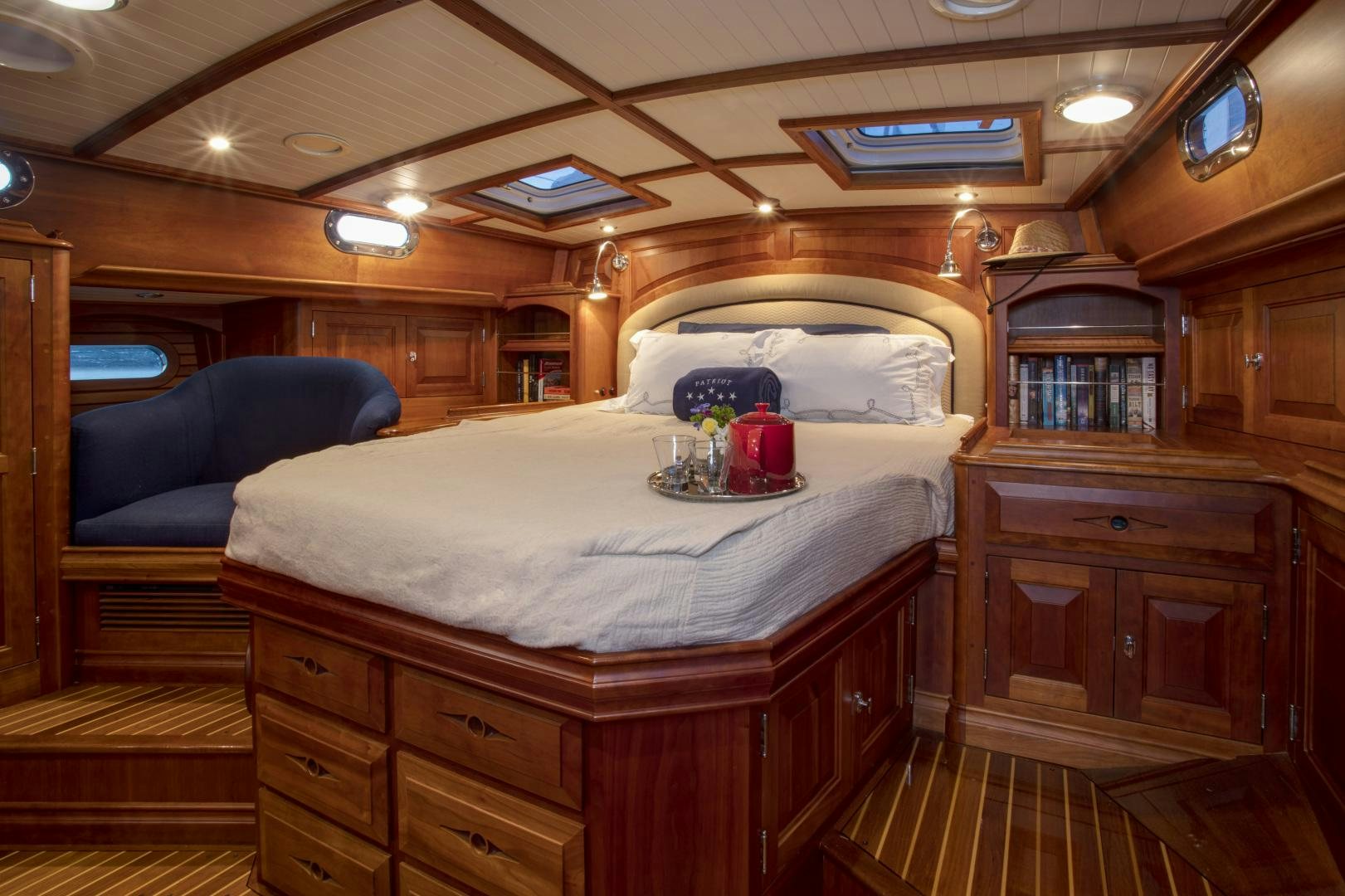 a bed in a room aboard PATRIOT  Yacht for Sale