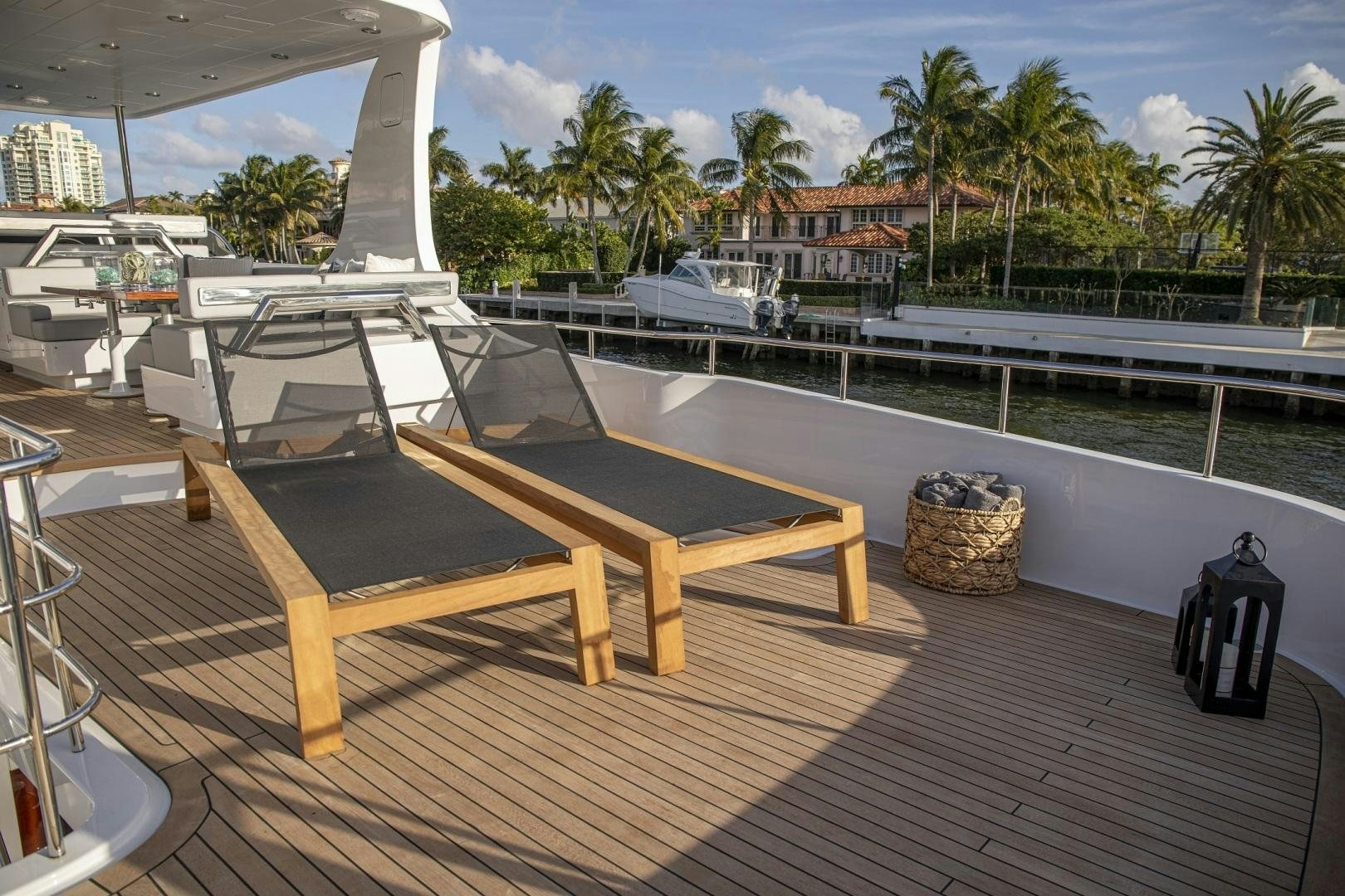 a wooden bench on a deck aboard 67 CRUISER Yacht for Sale