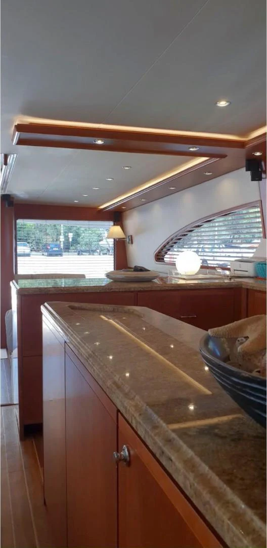 a kitchen with a large island aboard BOUKI Yacht for Sale
