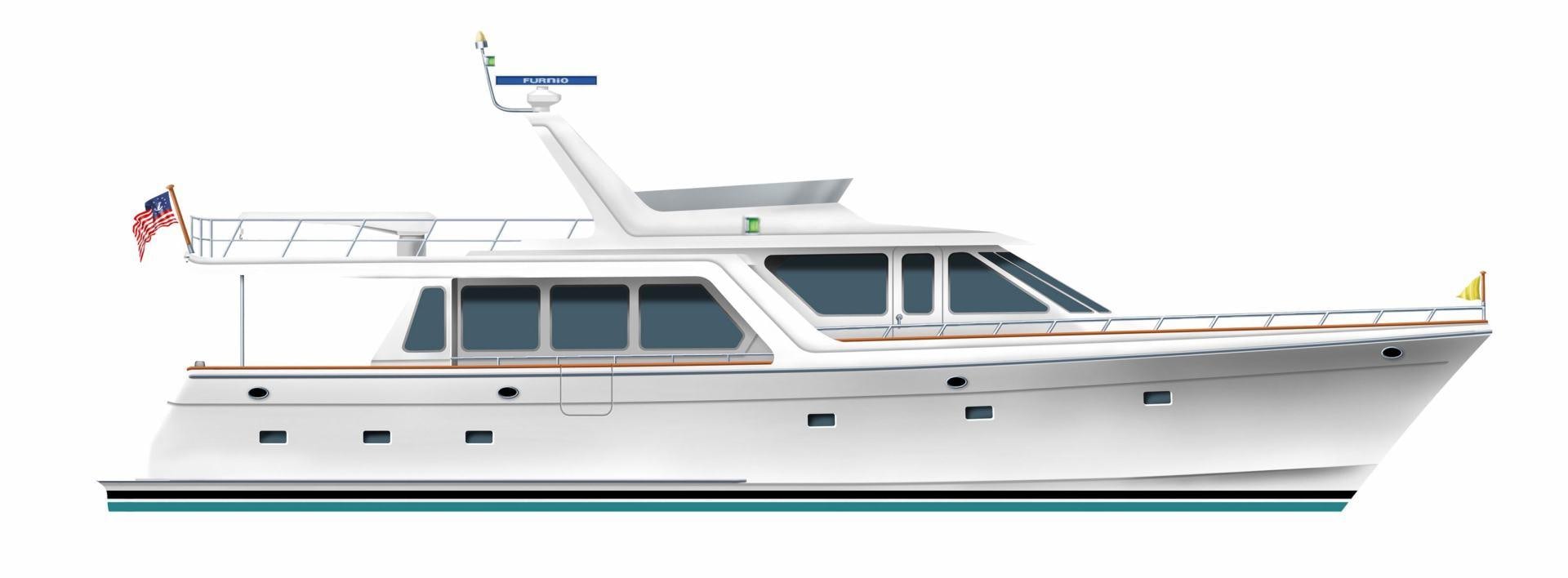 a white boat with a blue stripe aboard No Name Yacht for Sale