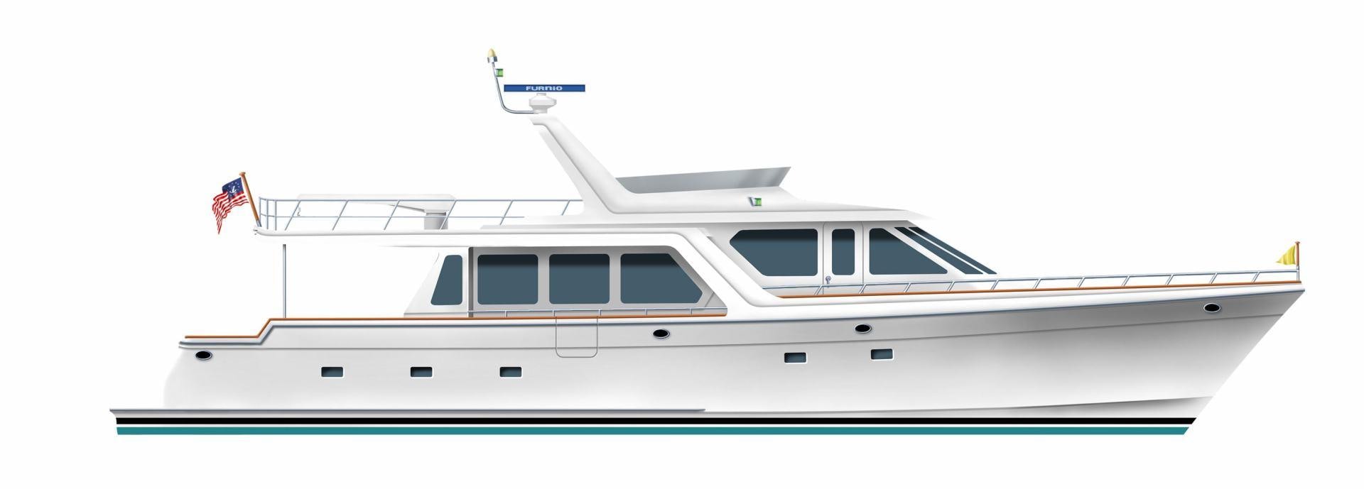 a white boat with a flag on it aboard No Name Yacht for Sale