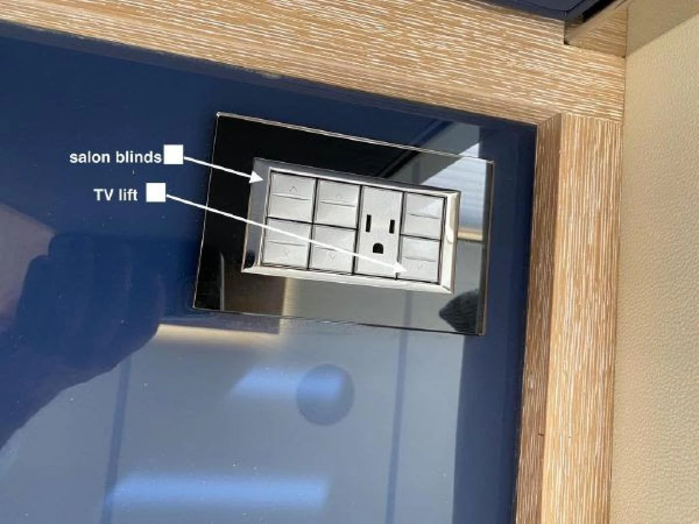 a blue box with a white box and a black object on it aboard THE ONLY BLUE 66 FLY Yacht for Sale