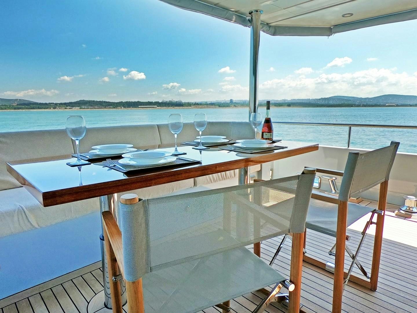 a table with wine glasses on it aboard MUZO'S 20 Yacht for Sale