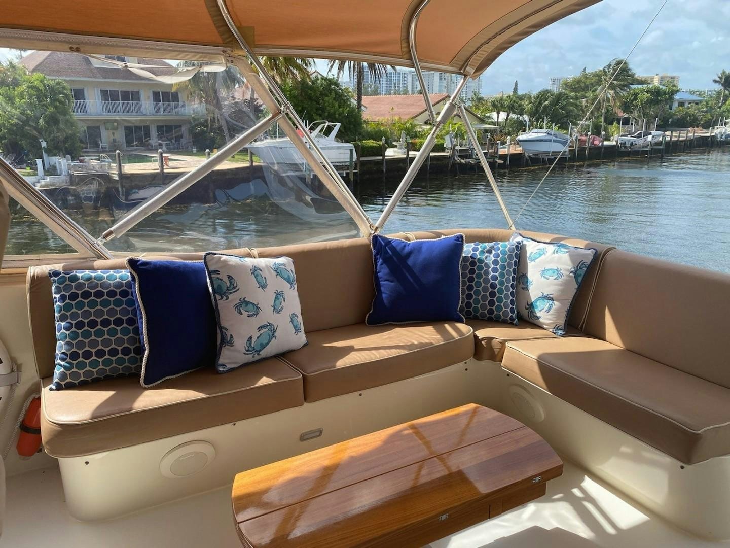 a boat with pillows on it aboard DESTINATION Yacht for Sale