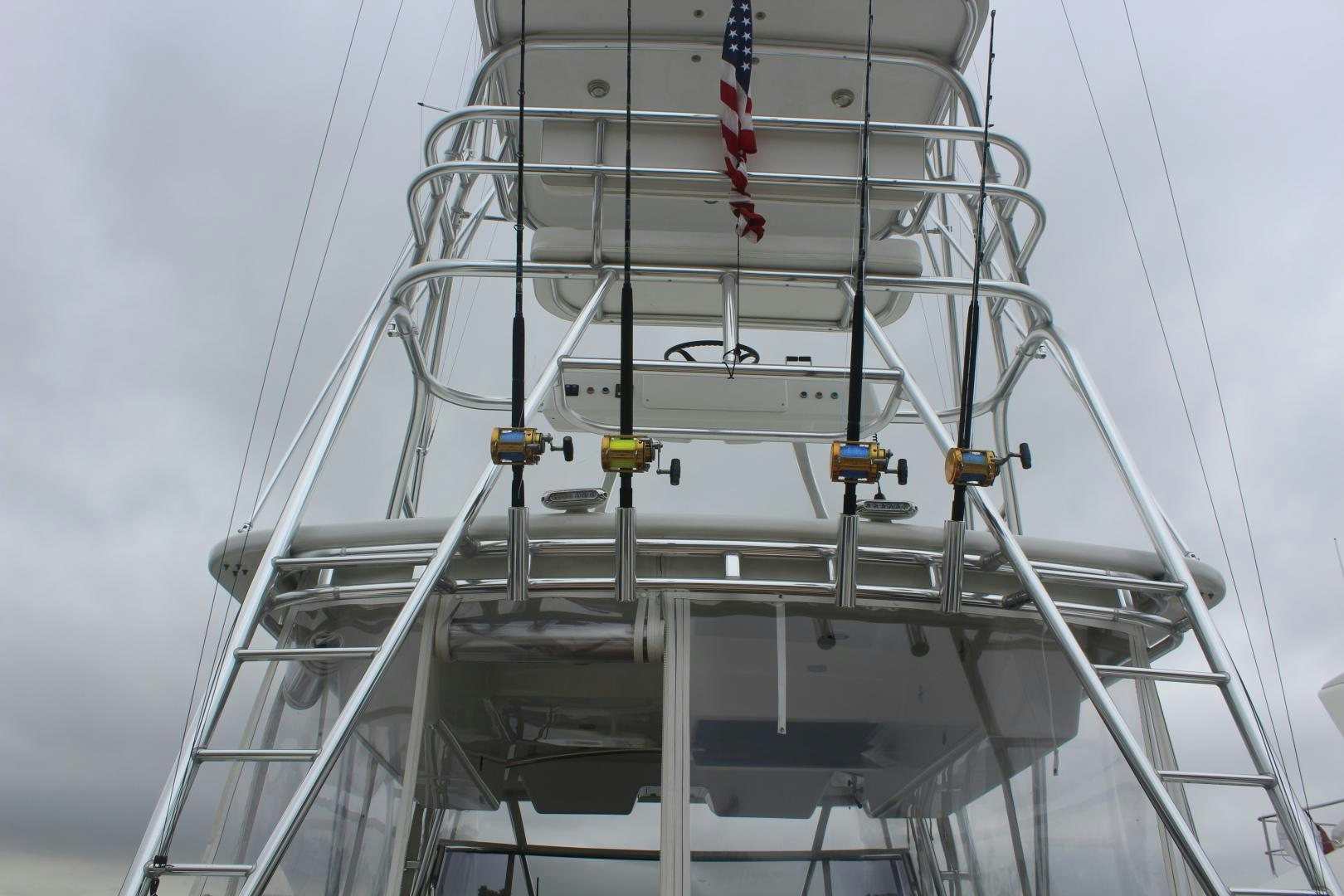 a large white tower with a flag on it aboard FELINA Yacht for Sale