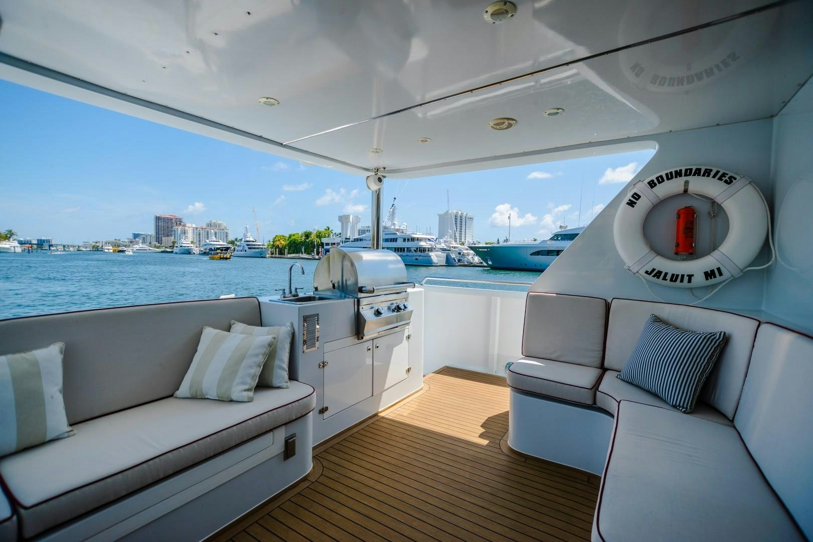 a boat with a view of the city aboard NO BOUNDARIES Yacht for Sale