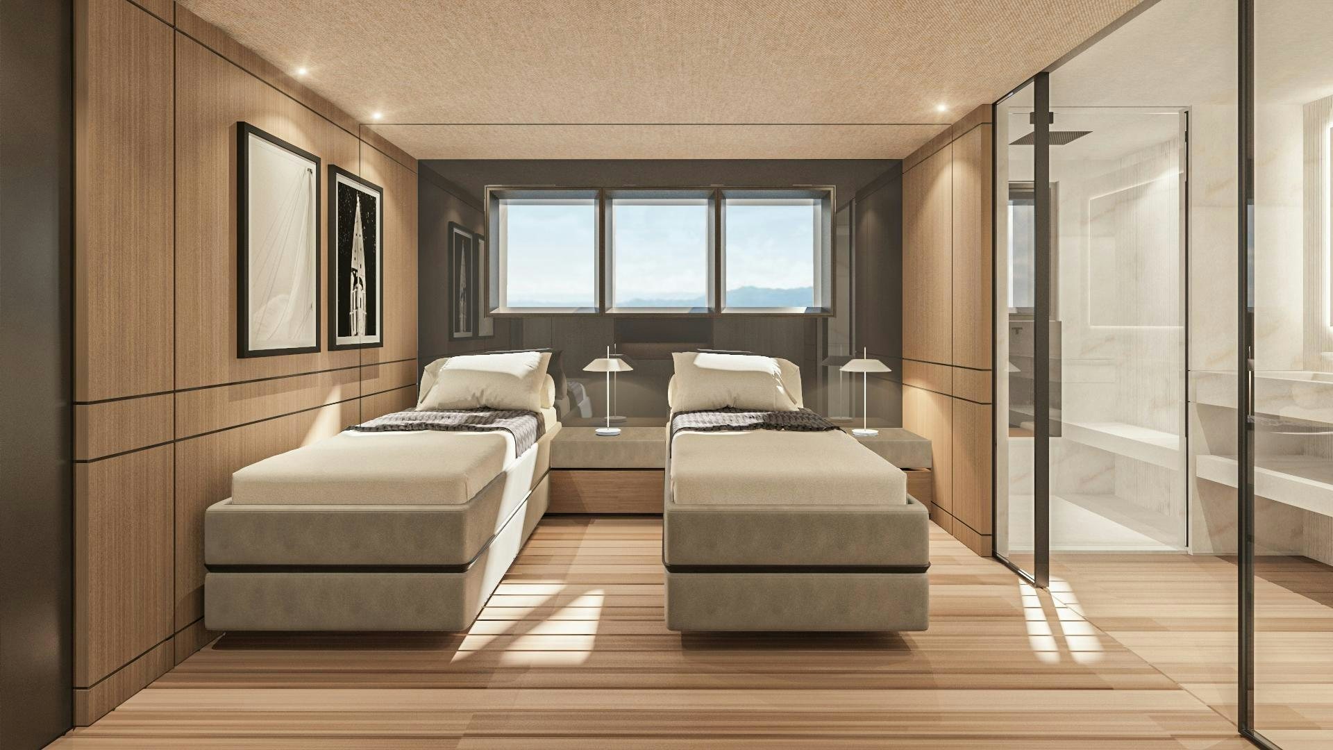 a room with a bed and a mirror aboard EXTRA TIME Yacht for Sale