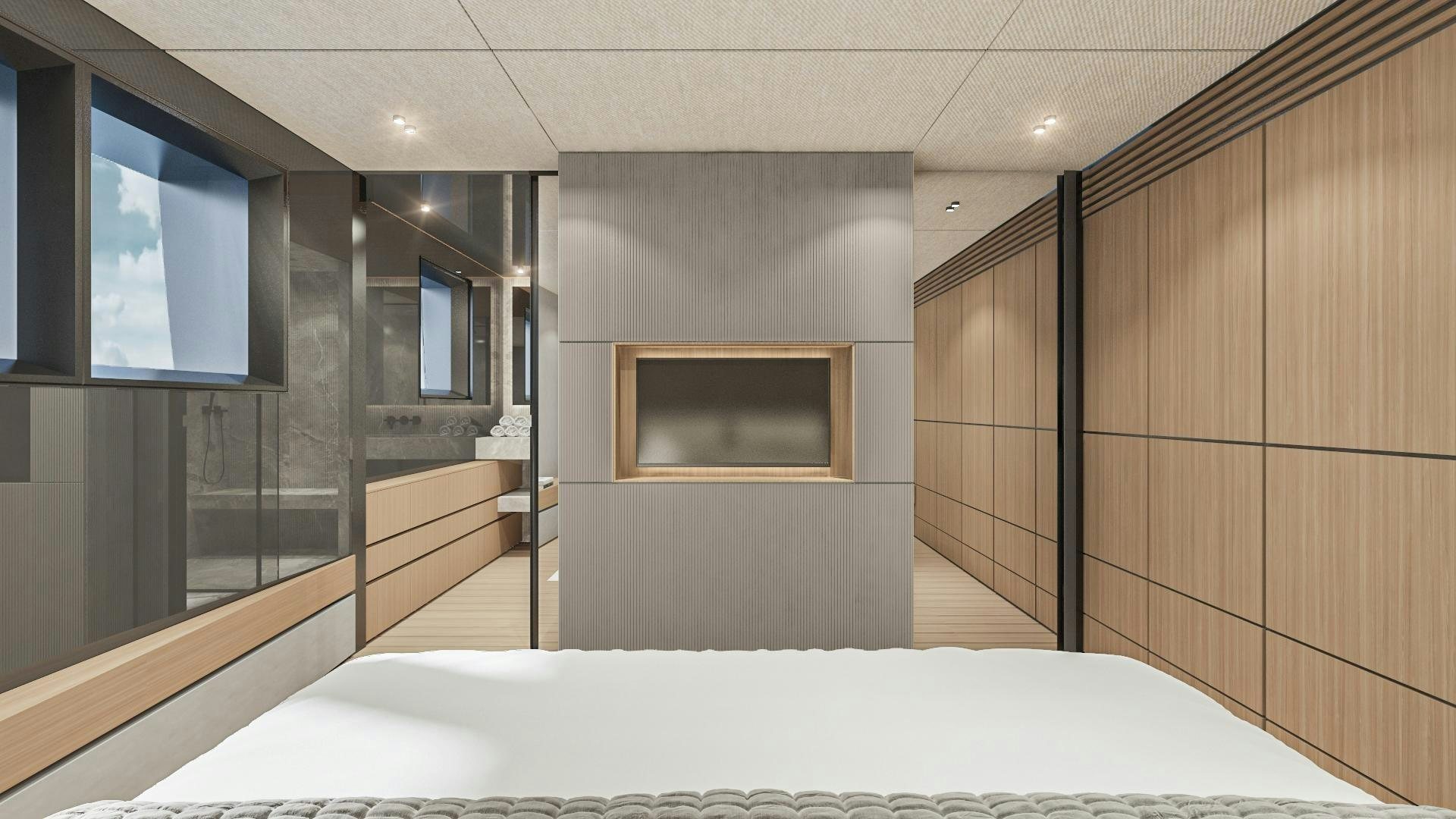 a room with a bed and a tv aboard EXTRA TIME Yacht for Sale