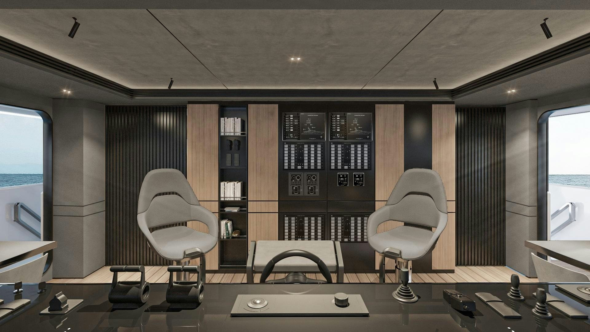 a room with a table chairs and a window aboard EXTRA TIME Yacht for Sale