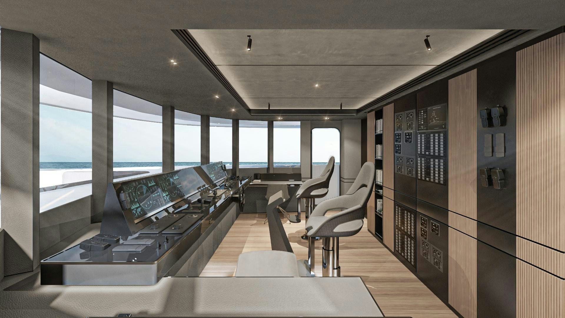 a room with a table and chairs aboard EXTRA TIME Yacht for Sale