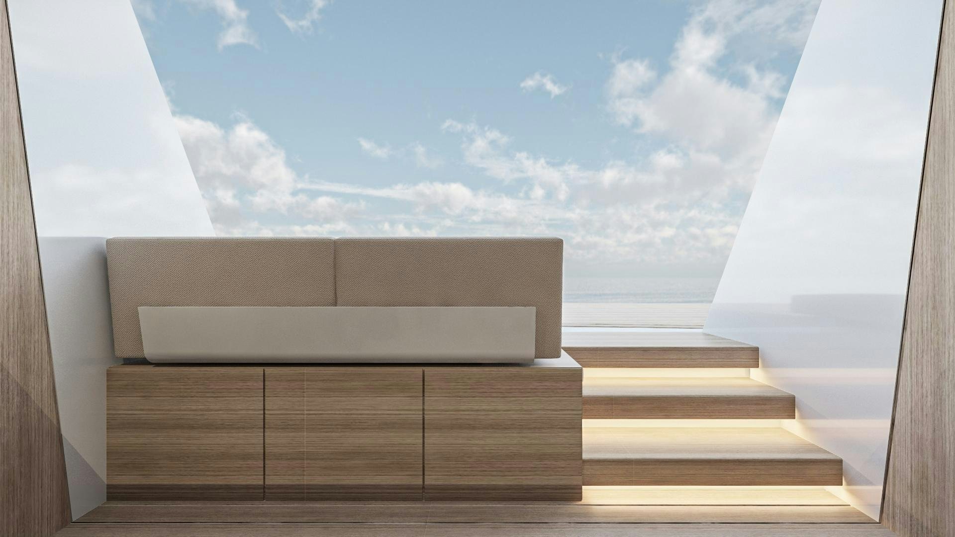 a room with a wood floor and a view of the sky aboard EXTRA TIME Yacht for Sale