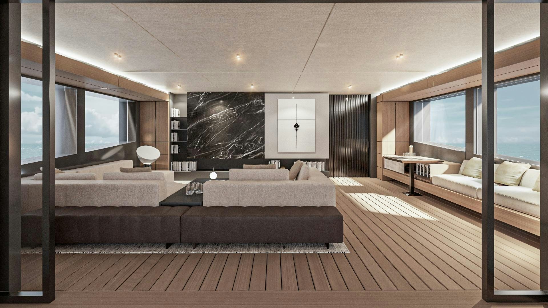 a large living room with a large screen aboard EXTRA TIME Yacht for Sale