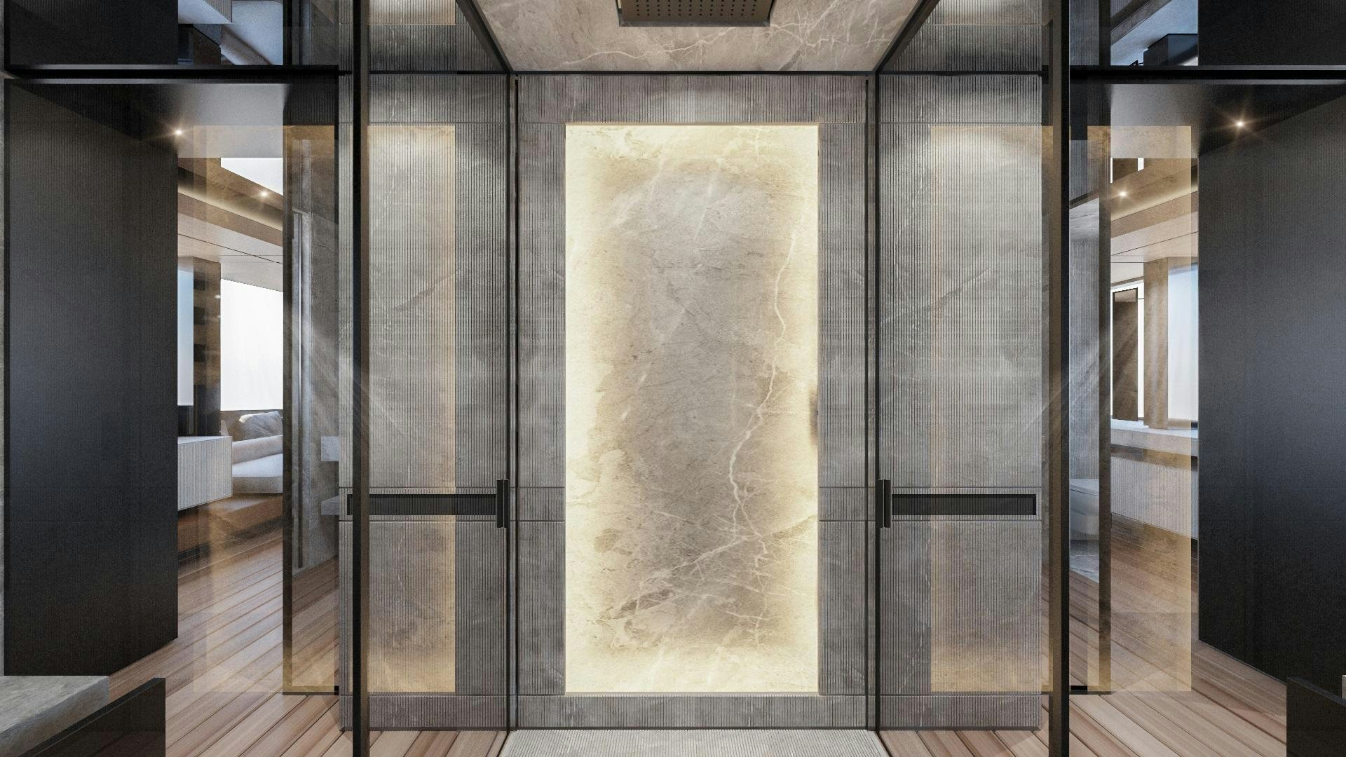 a room with a large glass wall aboard EXTRA TIME Yacht for Sale