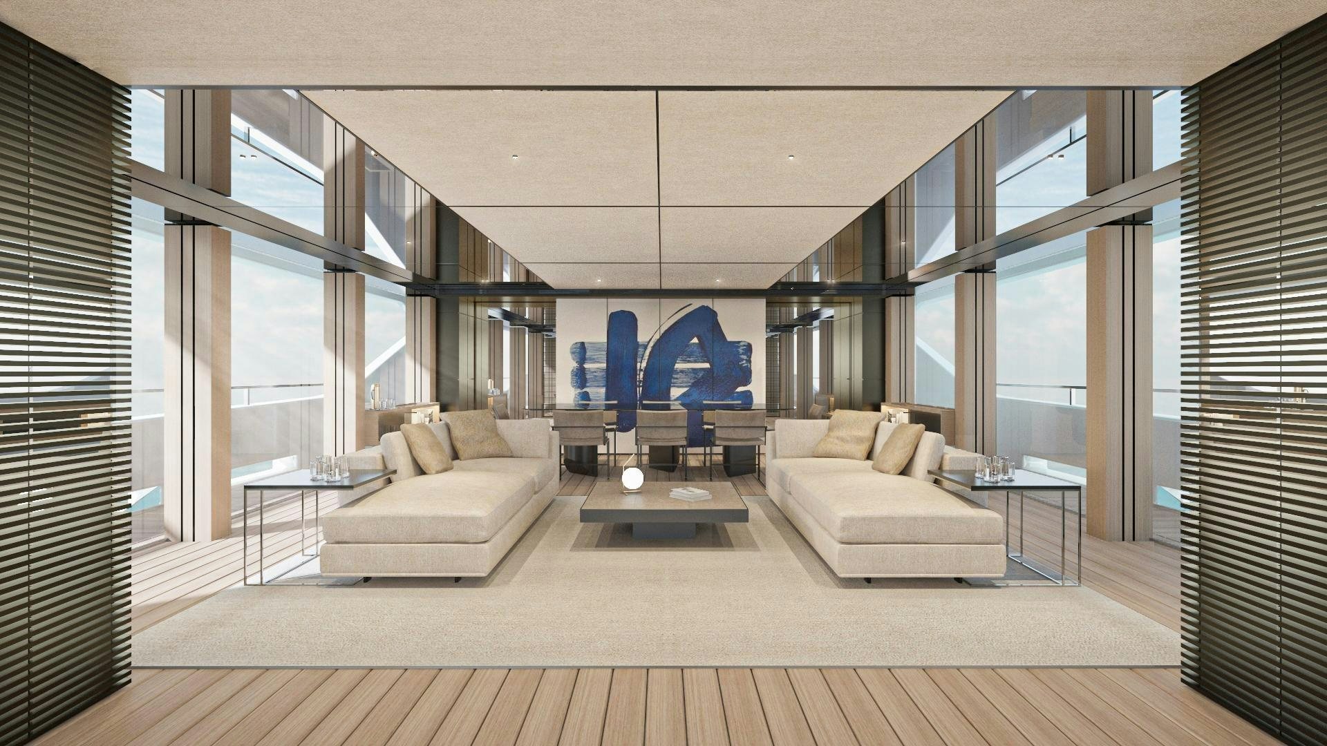 a room with a couch and a table aboard EXTRA TIME Yacht for Sale