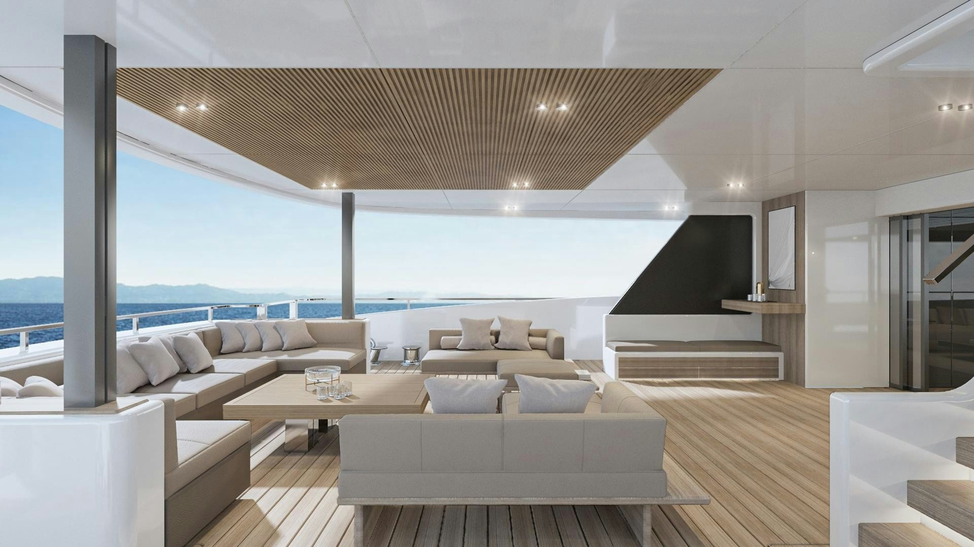 a living room with a large window aboard EXTRA TIME Yacht for Sale
