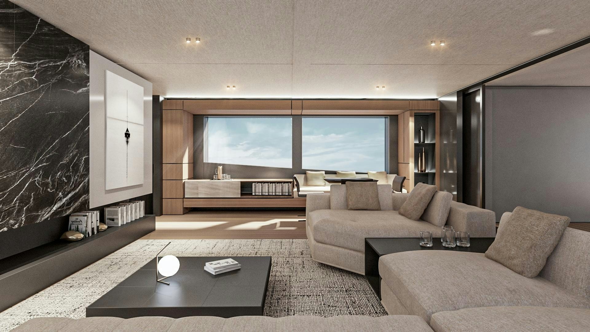 a living room with a large screen aboard EXTRA TIME Yacht for Sale