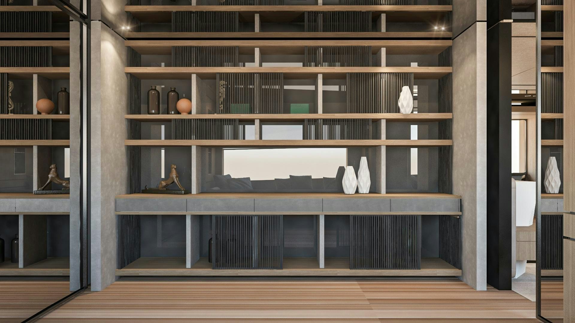 a room with shelves and a shelf aboard EXTRA TIME Yacht for Sale