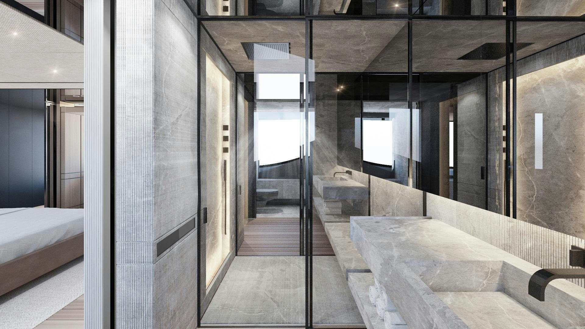 a hallway with a glass door aboard EXTRA TIME Yacht for Sale