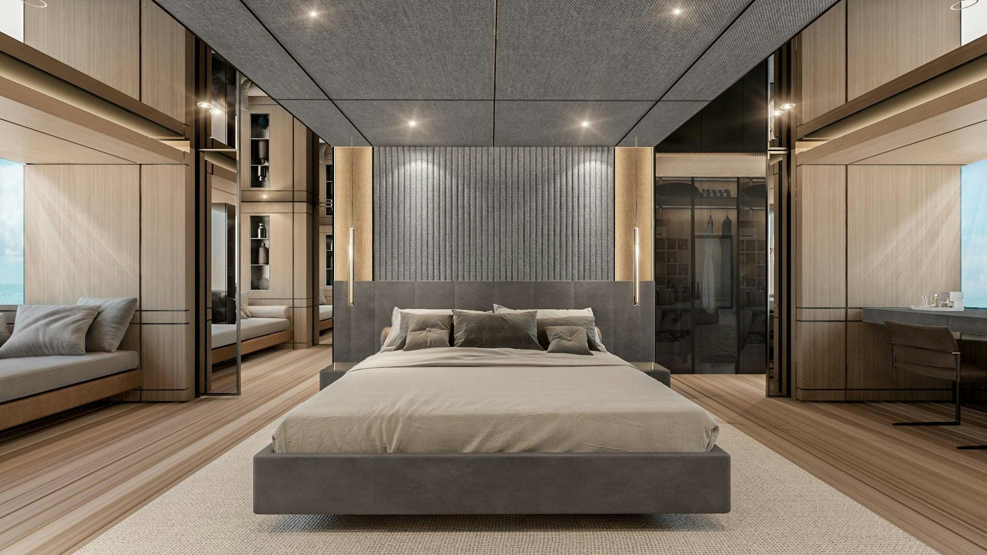a large bedroom with a large bed aboard EXTRA TIME Yacht for Sale