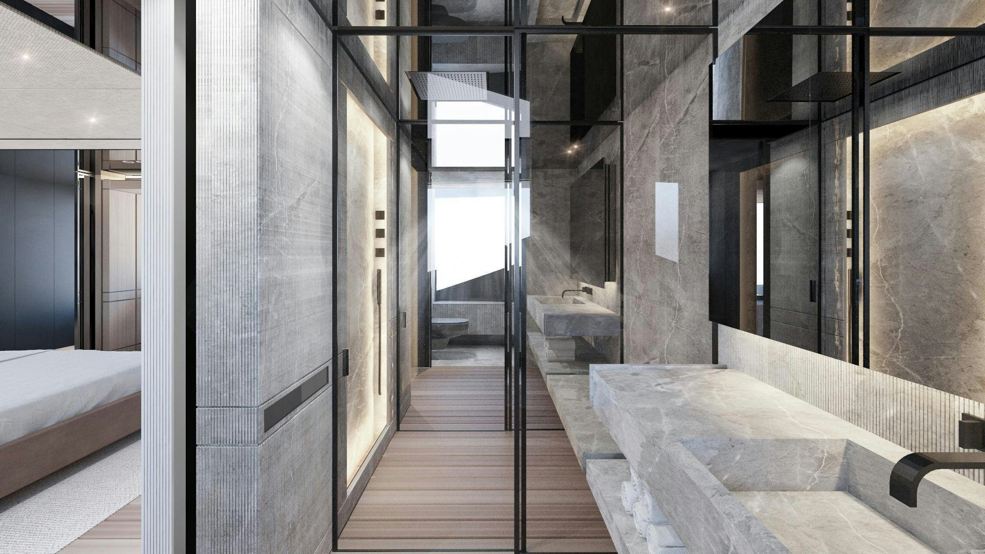 a hallway with a wood floor aboard EXTRA TIME Yacht for Sale