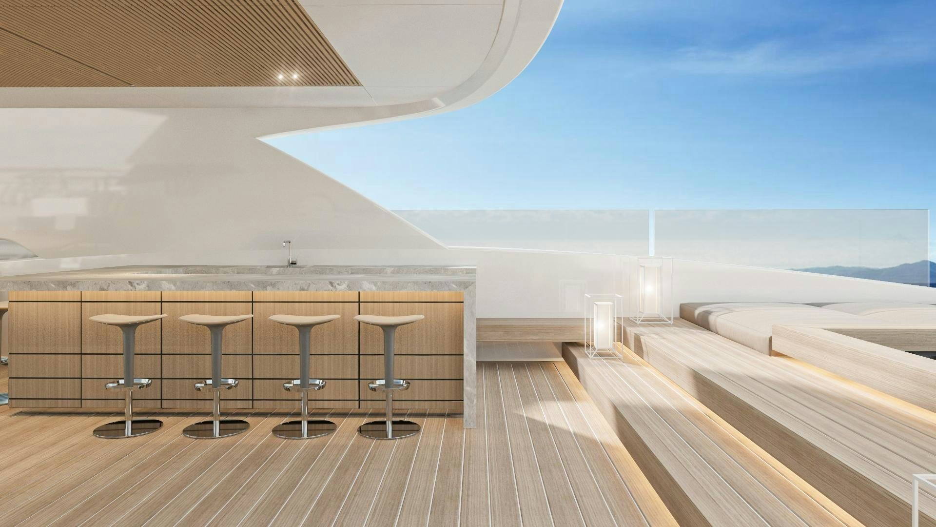 a room with tables and chairs aboard EXTRA TIME Yacht for Sale