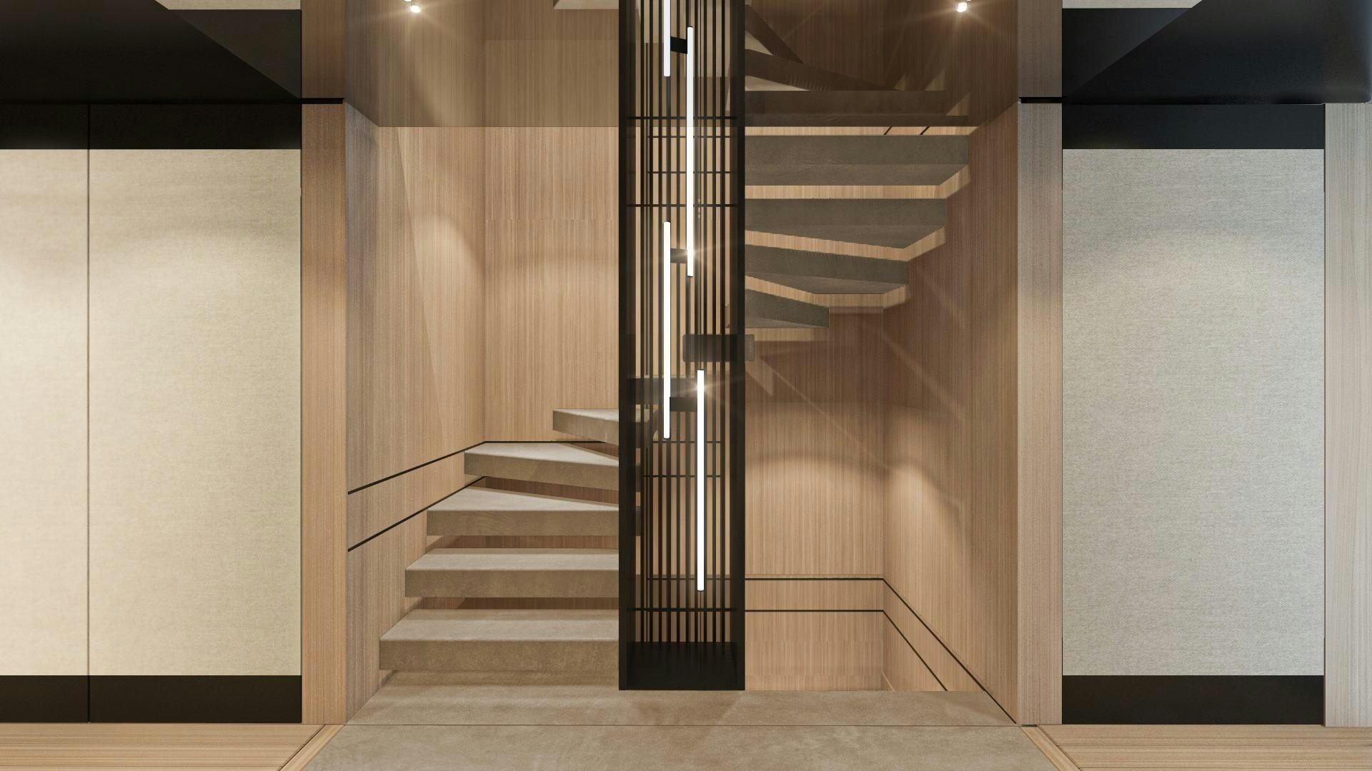 a hallway with a set of stairs aboard EXTRA TIME Yacht for Sale