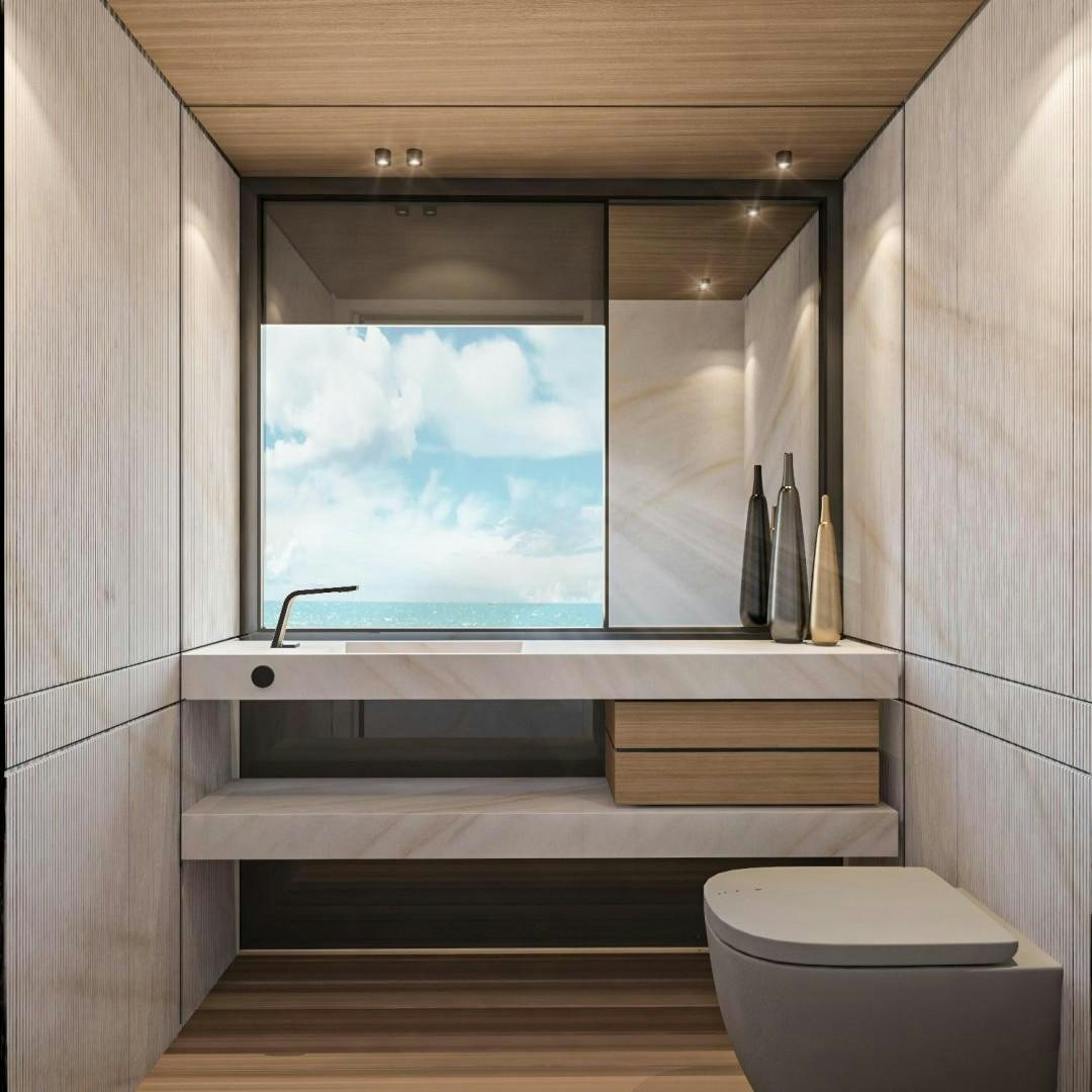 a bathroom with a large window aboard EXTRA TIME Yacht for Sale