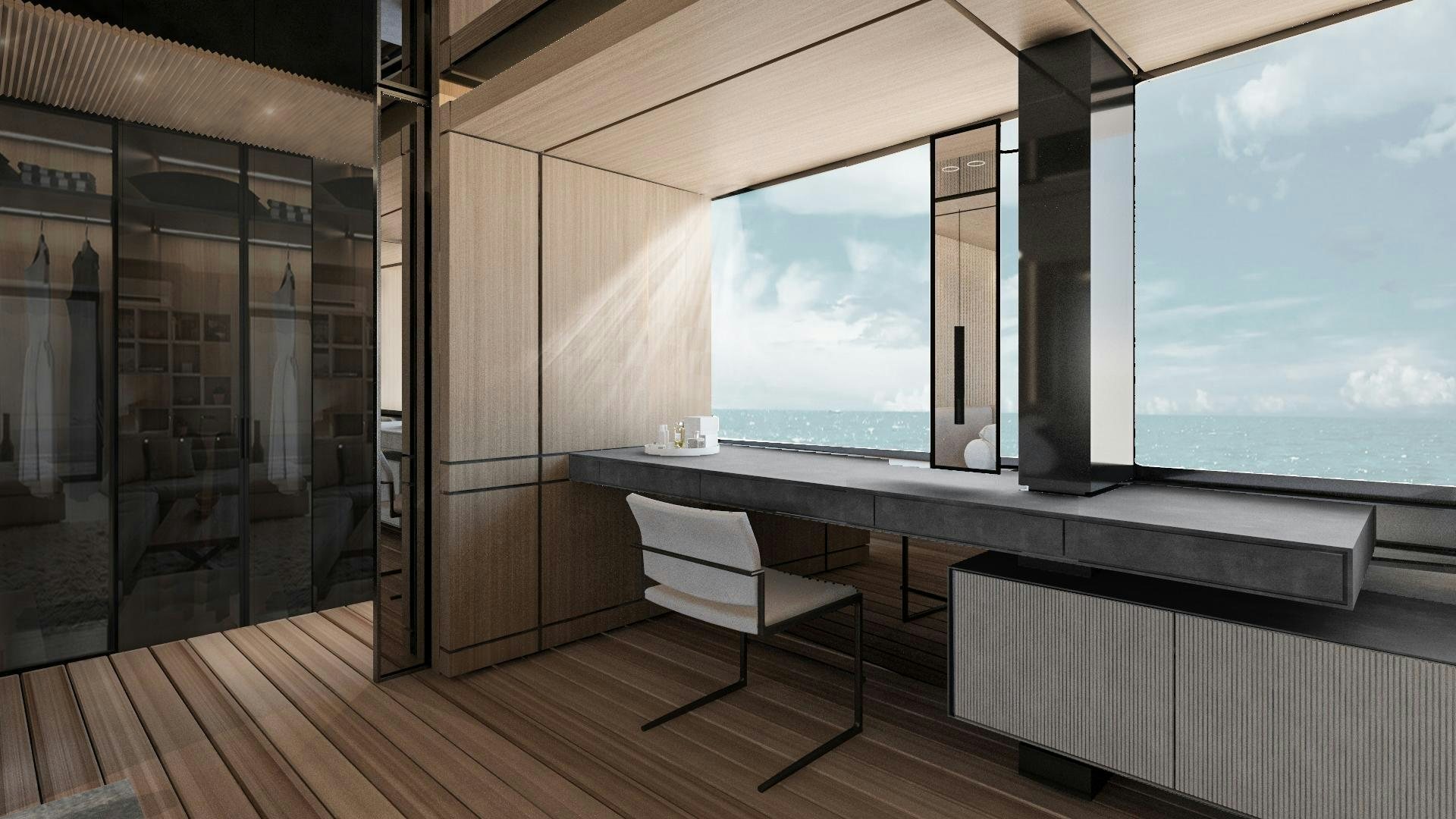 a room with a table and chairs aboard EXTRA TIME Yacht for Sale