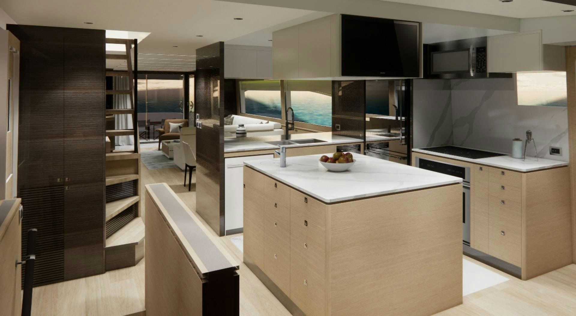 a kitchen with a large island aboard E90 922 Yacht for Sale