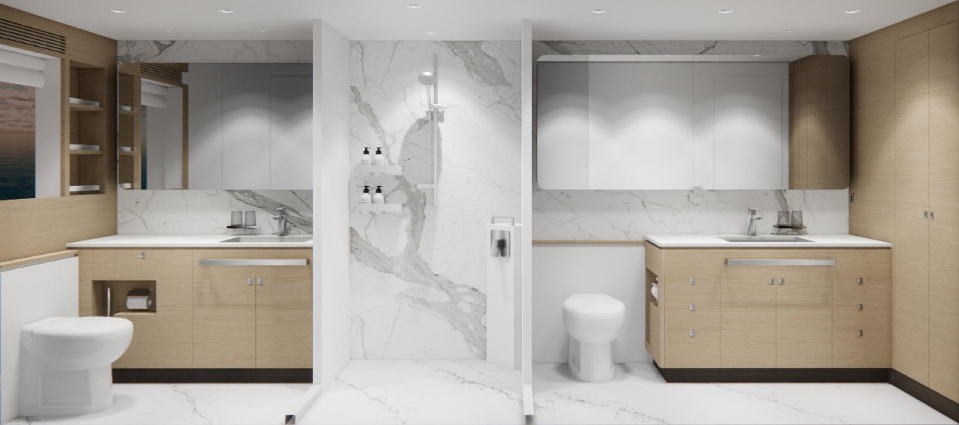 a bathroom with white cabinets aboard E90 922 Yacht for Sale