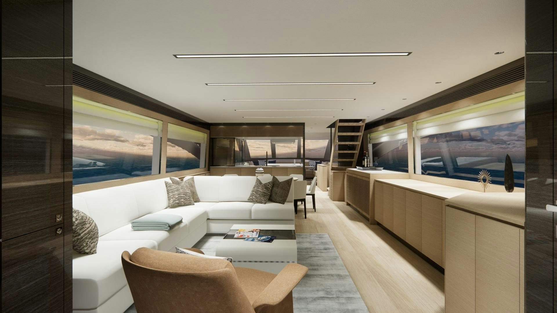 a living room with a large window aboard E90 922 Yacht for Sale