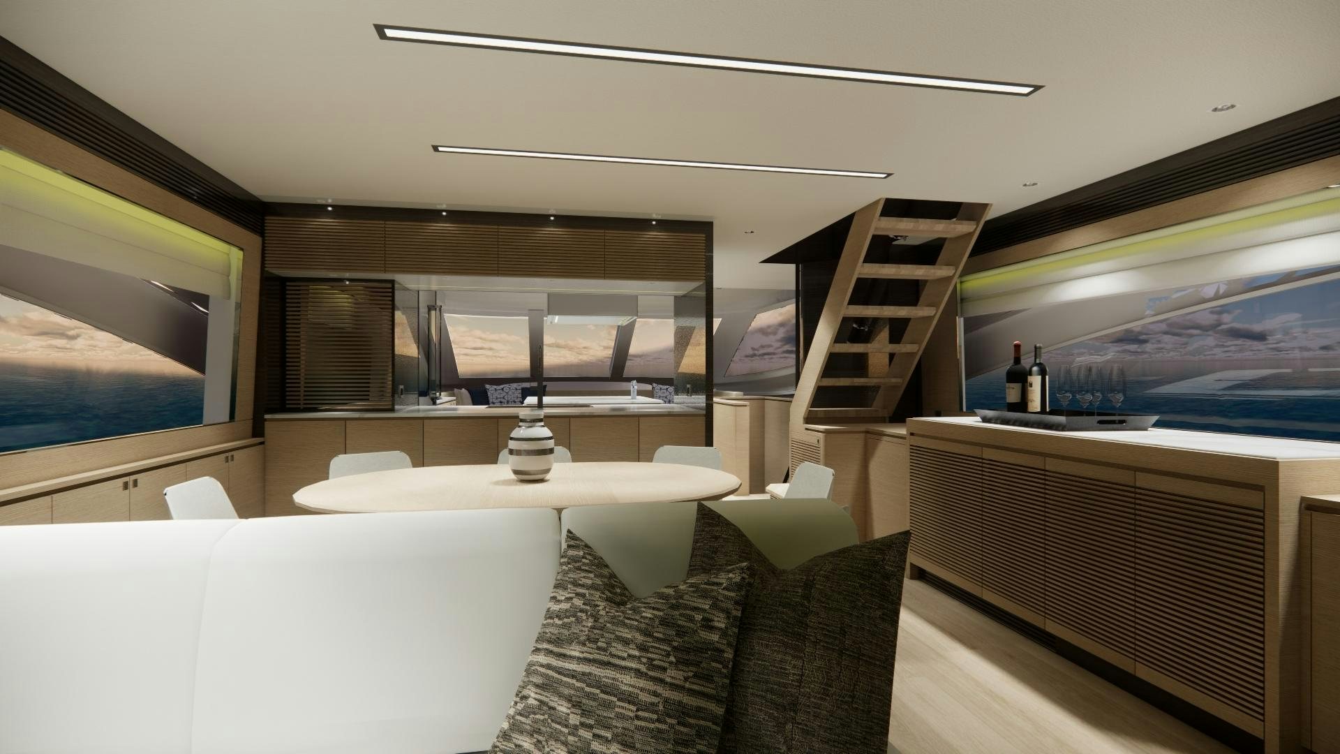 a room with couches and a television aboard E90 922 Yacht for Sale