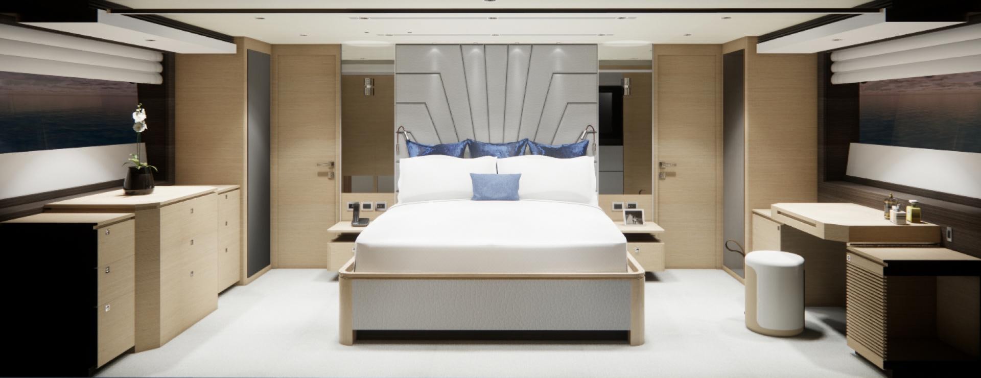 a room with a bed and desk aboard E90 922 Yacht for Sale