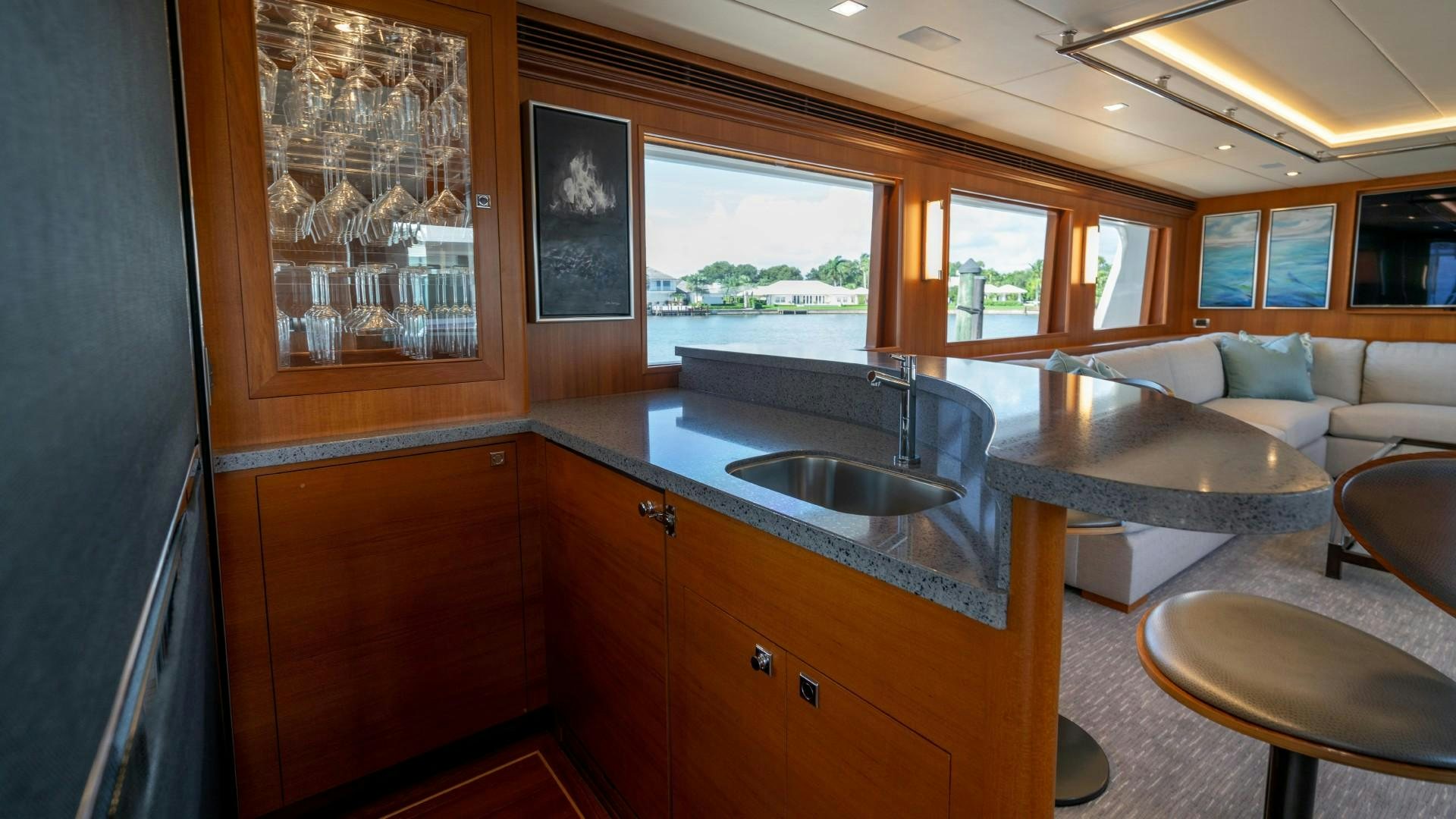 a kitchen with a large island aboard BLUE CHIP Yacht for Sale