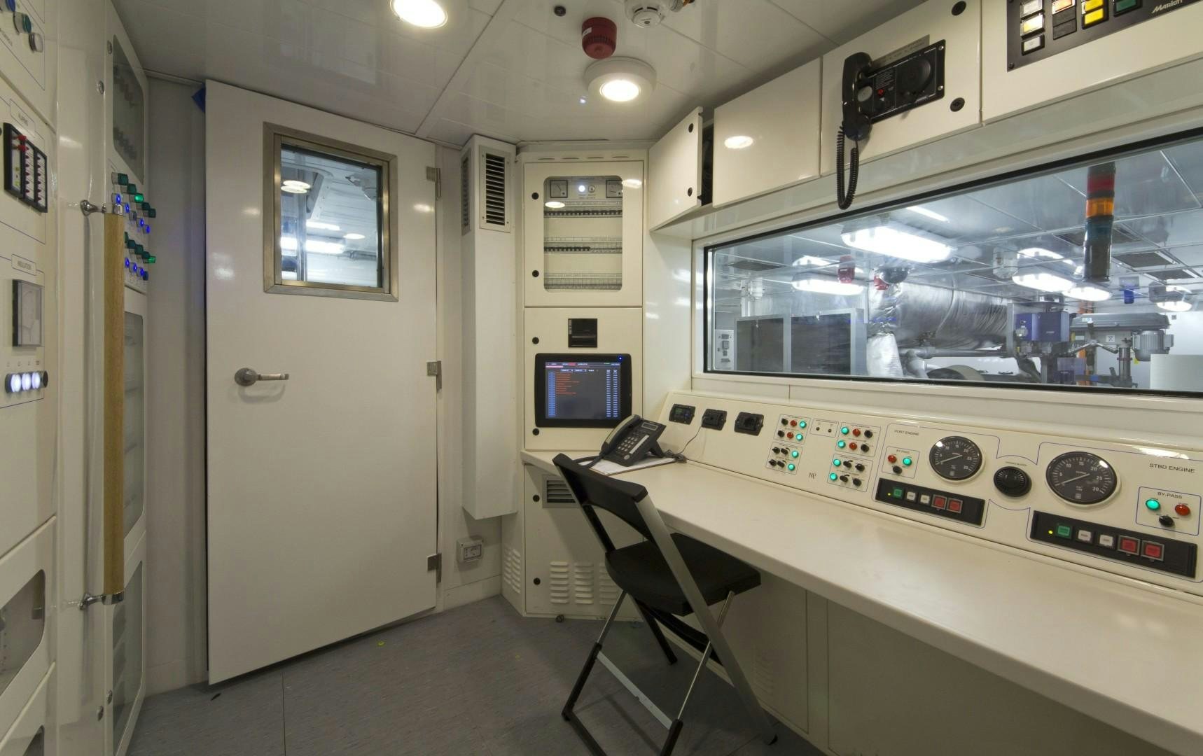 a room with a desk and a television aboard LIBERTY Yacht for Sale