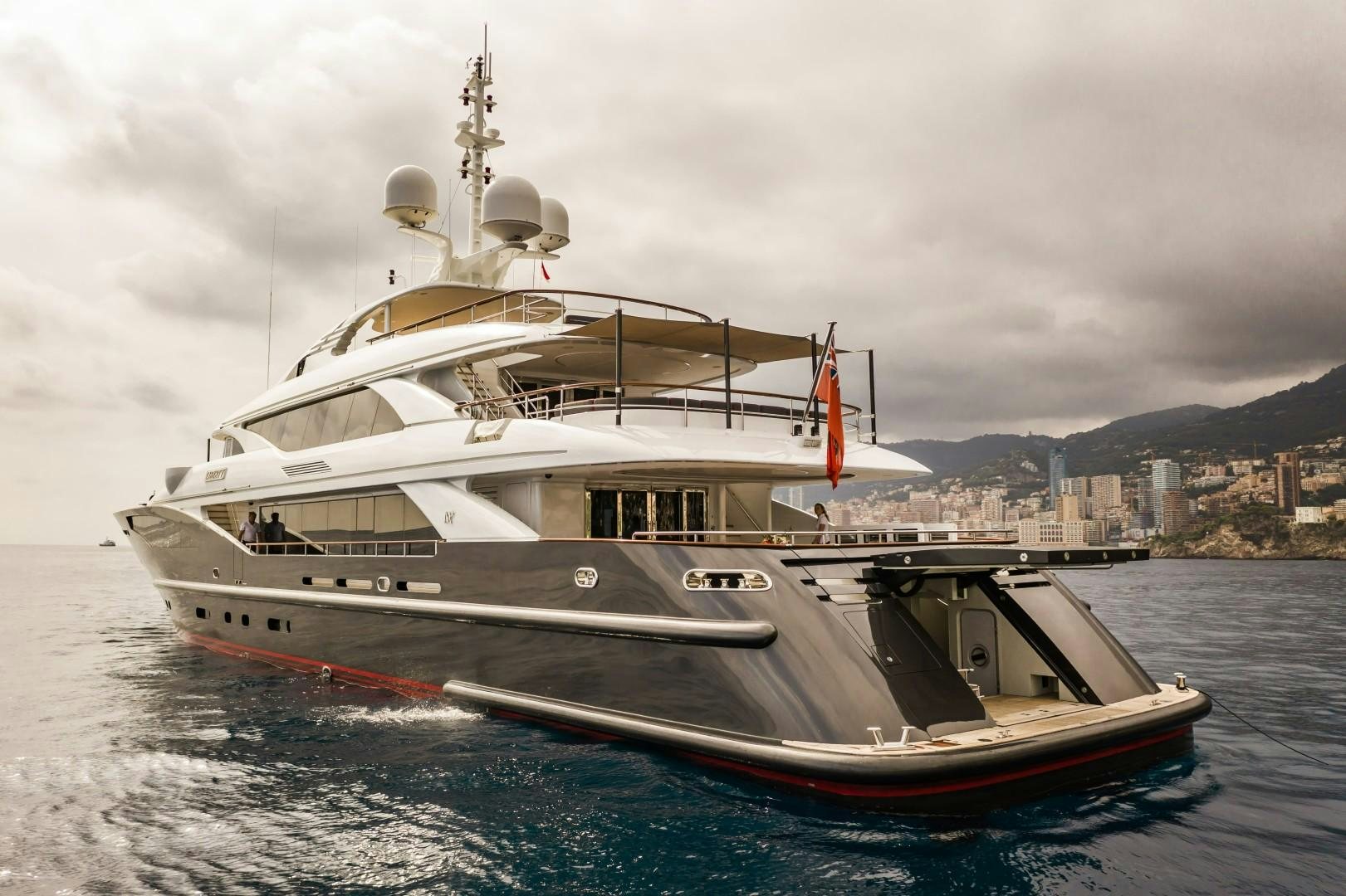 a large boat on the water aboard LIBERTY Yacht for Sale