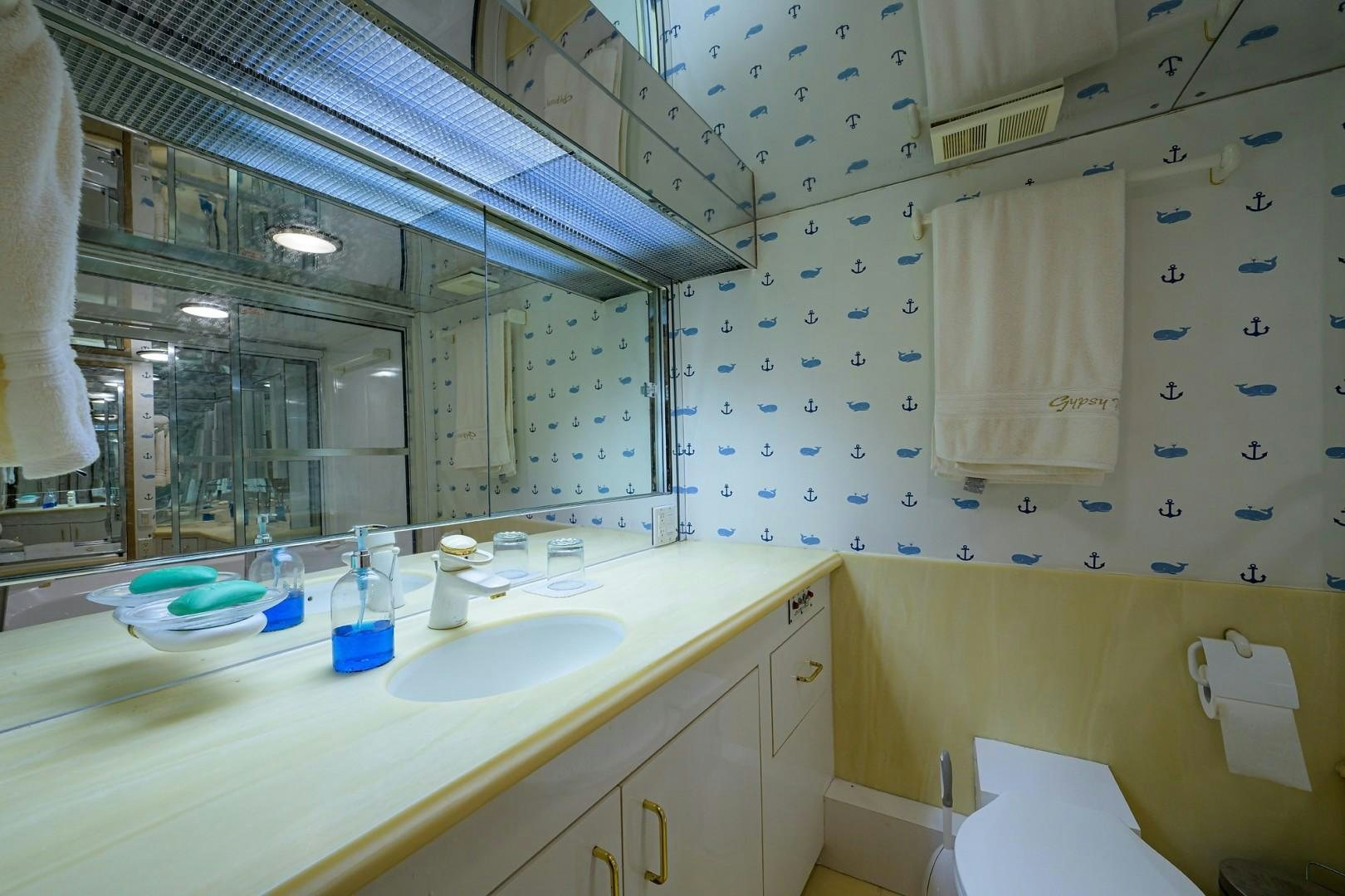 a bathroom with a large mirror aboard GYPSY ROSE Yacht for Sale