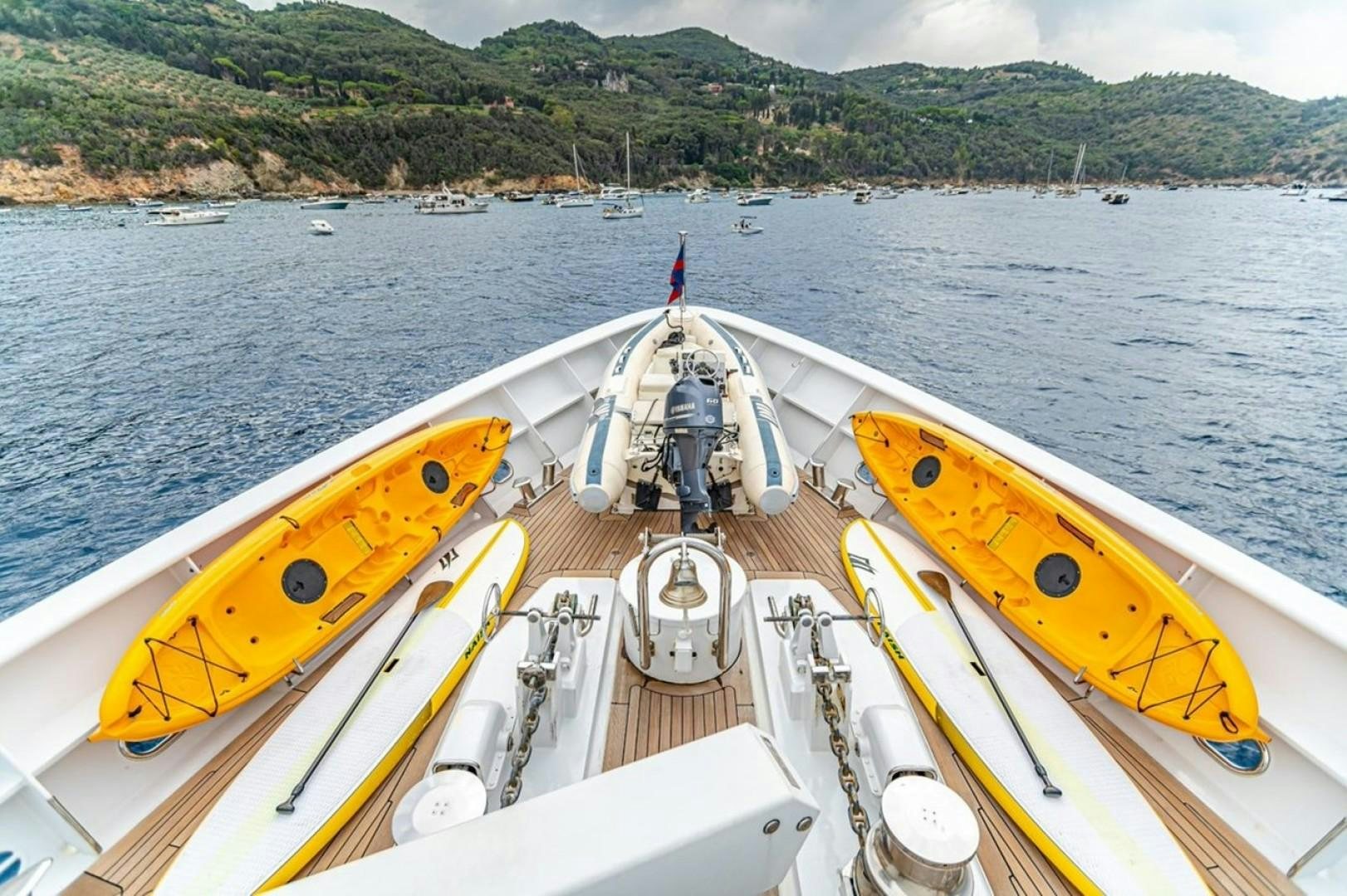 a person standing on the back of a boat on the water aboard TASIA Yacht for Sale