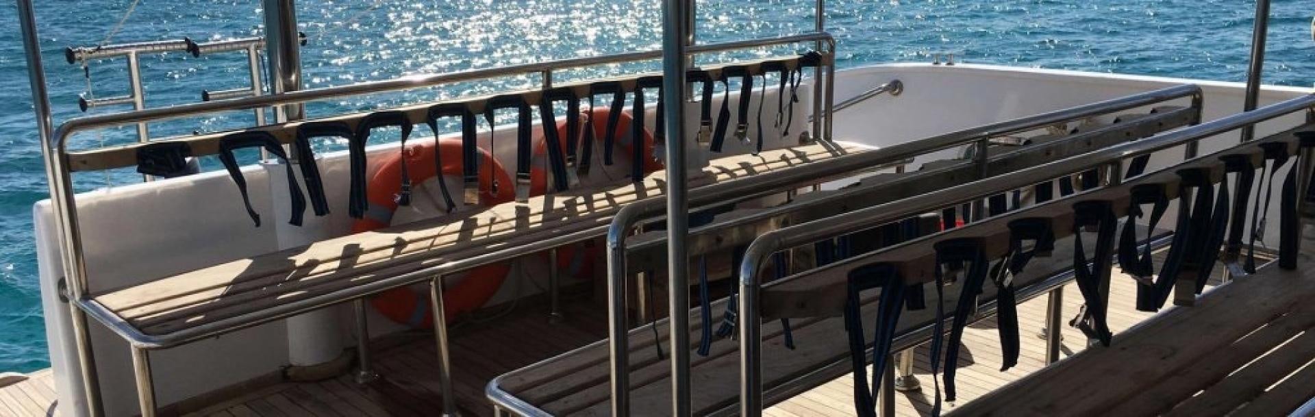 a row of wooden chairs on a boat aboard SIM SIM Yacht for Sale