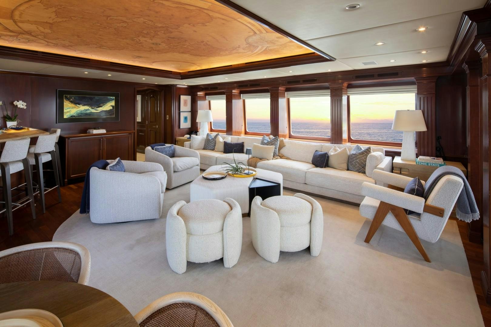 a living room with a large window aboard BACCHUS "NAME RESERVED" Yacht for Sale