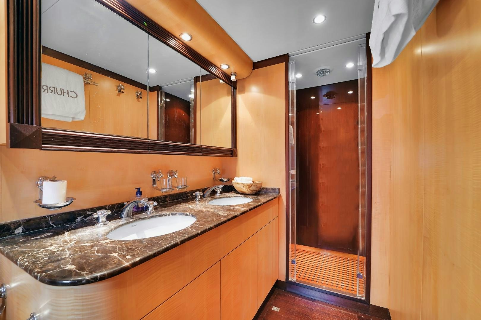 a bathroom with double sinks aboard CHURRI Yacht for Sale