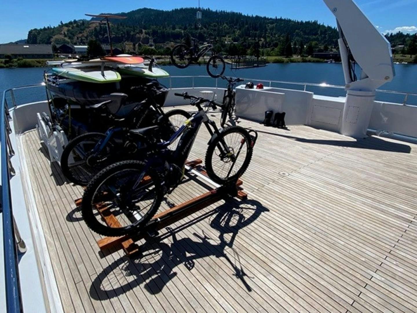 bicycles parked on a dock aboard SAMSARA Yacht for Sale