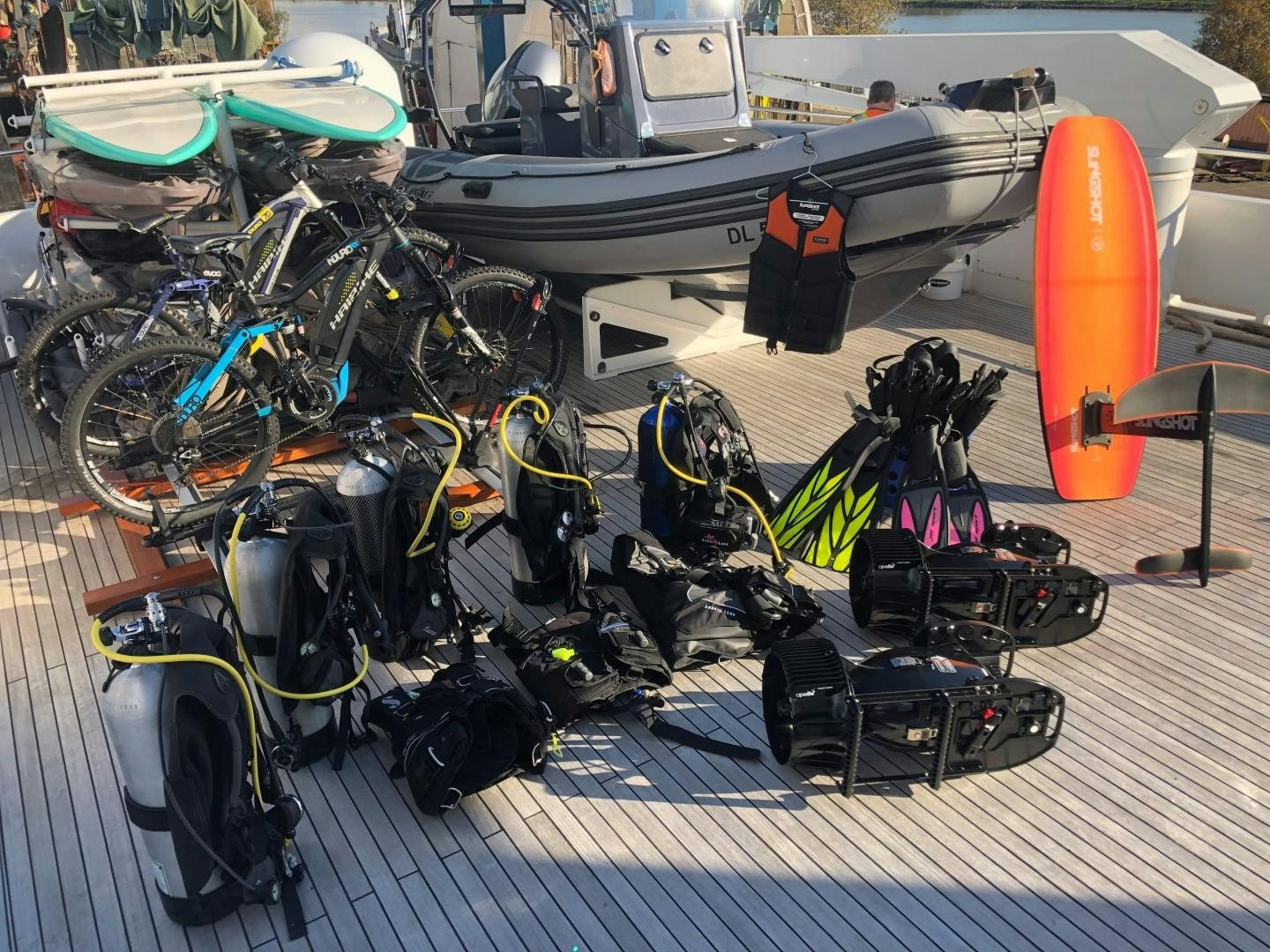 a group of bikes parked on a rack aboard SAMSARA Yacht for Sale