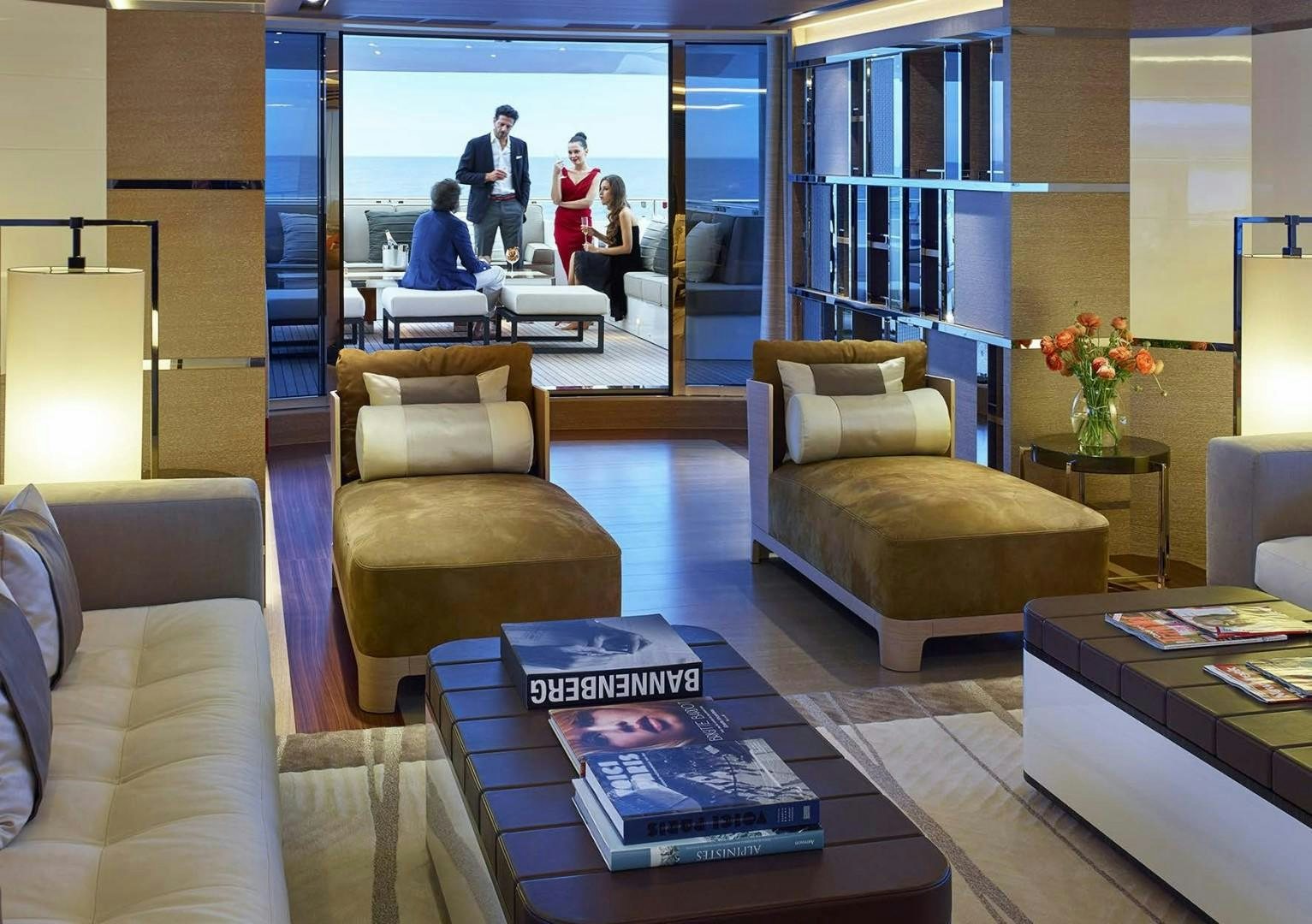 a living room with a glass door aboard ASYA Yacht for Sale