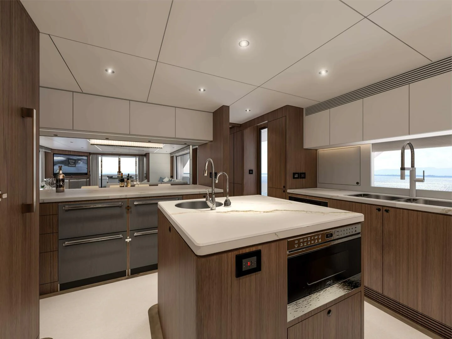 a kitchen with a sink and cabinets aboard FD110 006 Yacht for Sale