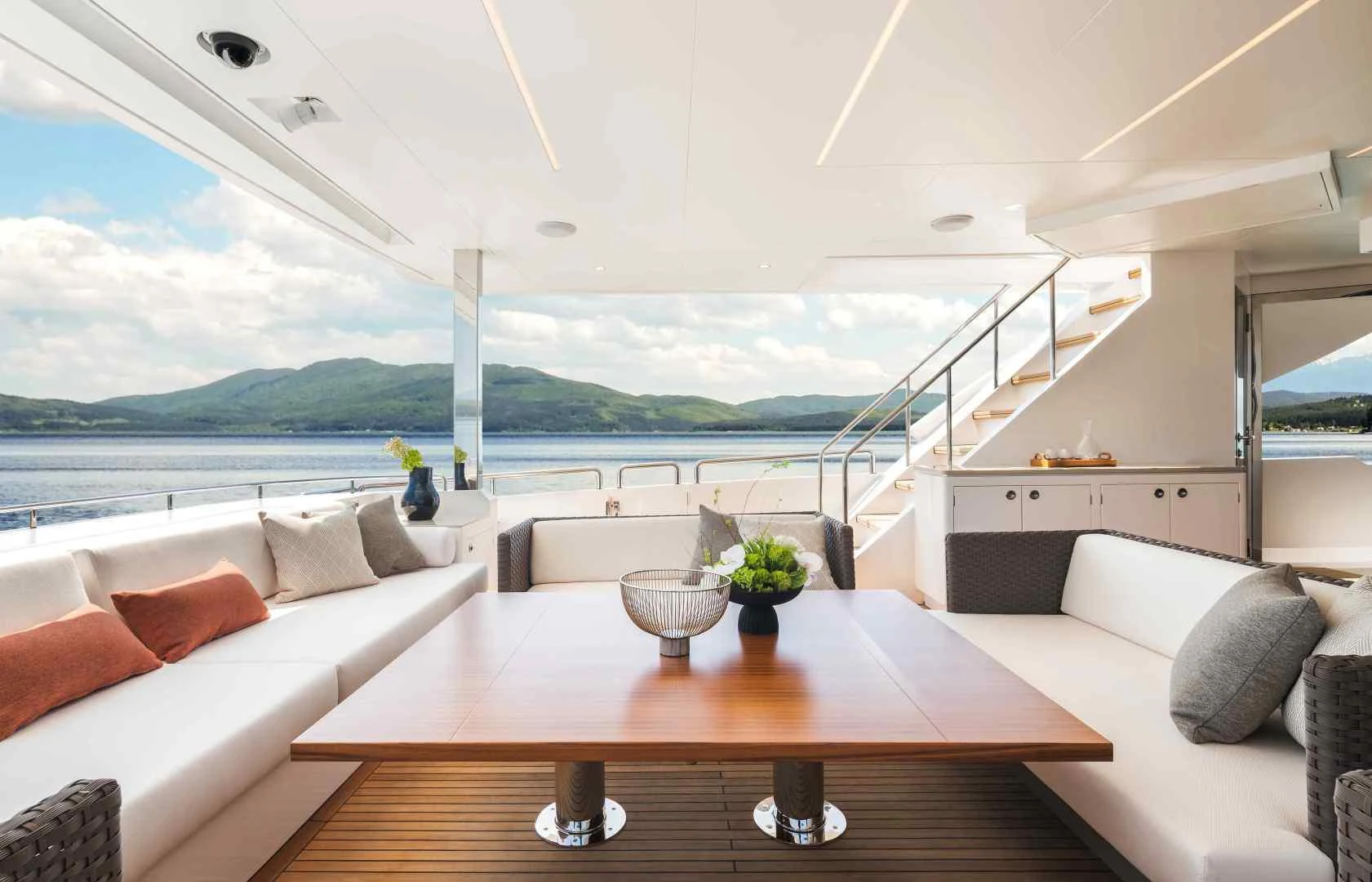 a living room with a large window aboard FD110 006 Yacht for Sale