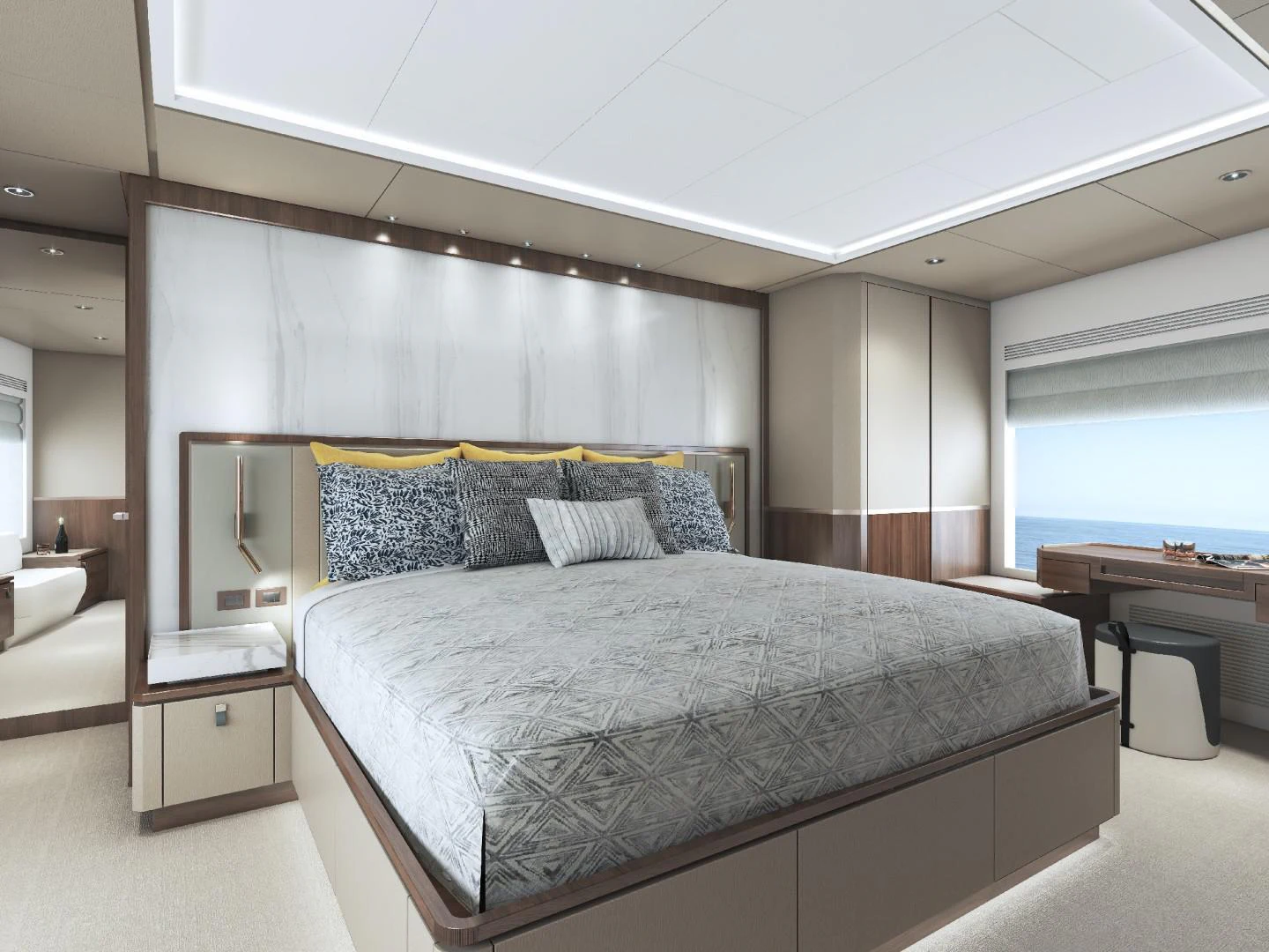 a large bed in a room aboard FD100 906 Yacht for Sale
